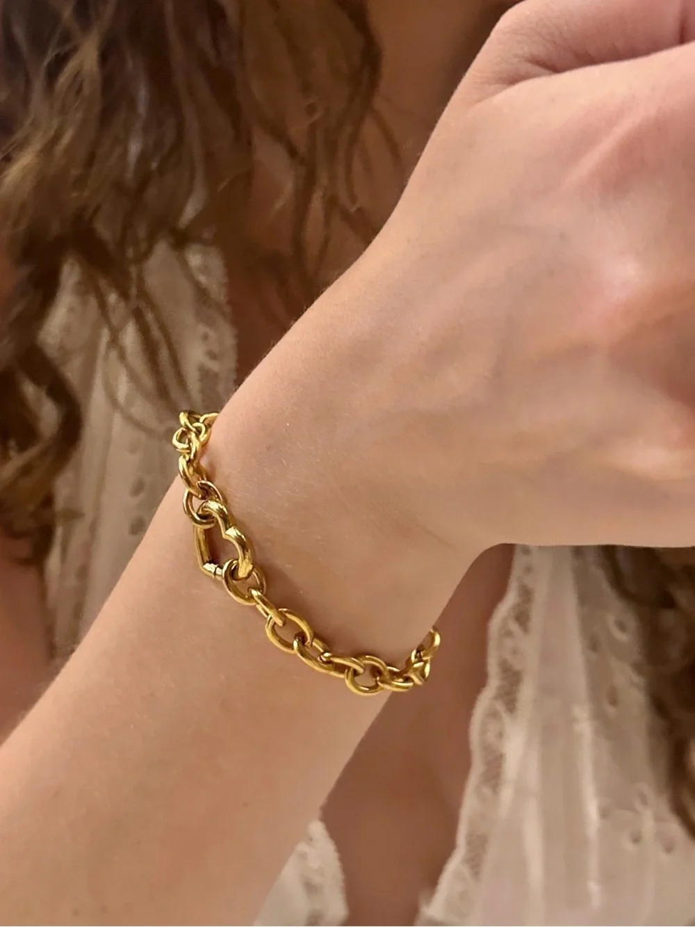Gold Heart Bracelet Carabiner Chunky Chain 18K Gold over Stainless Steel Tiffany